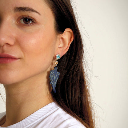 yaprak lapiz taşlı sallantılı gümüş küpe - mavi rüzgar image 2