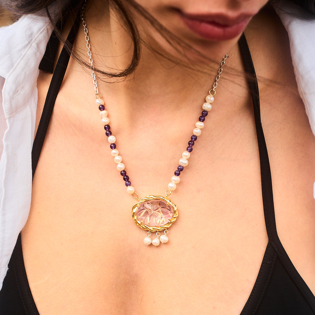 inci ve ametist taşlı gümüş ve altın kaplama kolye - denizin sırrı image 2