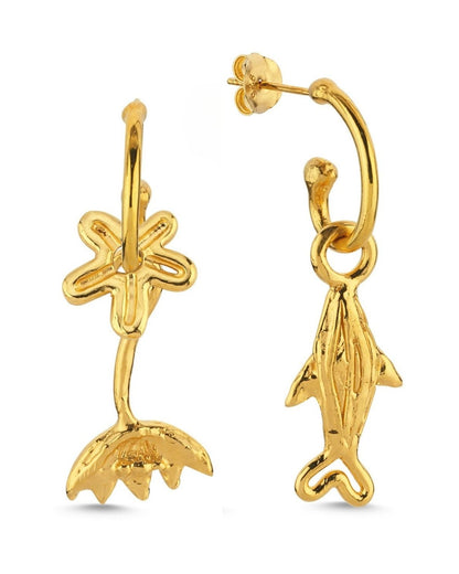 Altın Kaplama Gümüş Küpe Seti - Ters Lale, Küçük Çiçek ve Küçük Balık