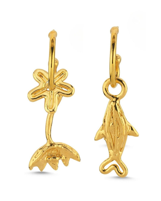 Altın Kaplama Gümüş Küpe Seti - Ters Lale, Küçük Çiçek ve Küçük Balık