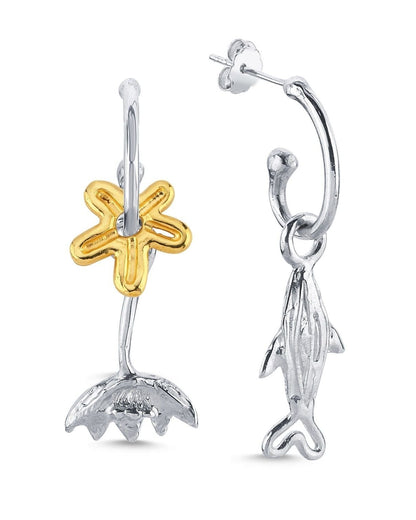 Altın Kaplama ve Gümüş Küpe Seti - Ters Lale, Küçük Çiçek ve Küçük Balık