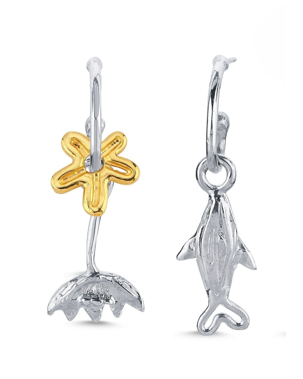 Altın Kaplama ve Gümüş Küpe Seti - Ters Lale, Küçük Çiçek ve Küçük Balık