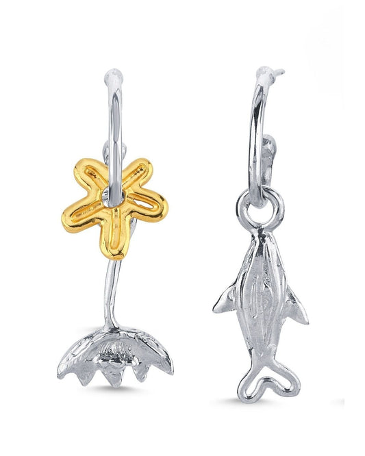 Altın Kaplama ve Gümüş Küpe Seti - Ters Lale, Küçük Çiçek ve Küçük Balık