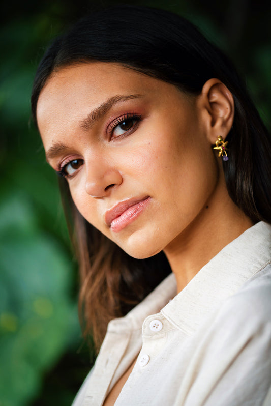 turmalin yakut zümrüt ametist taşlı gümüş üzerine altın küpe - lascivia image 1