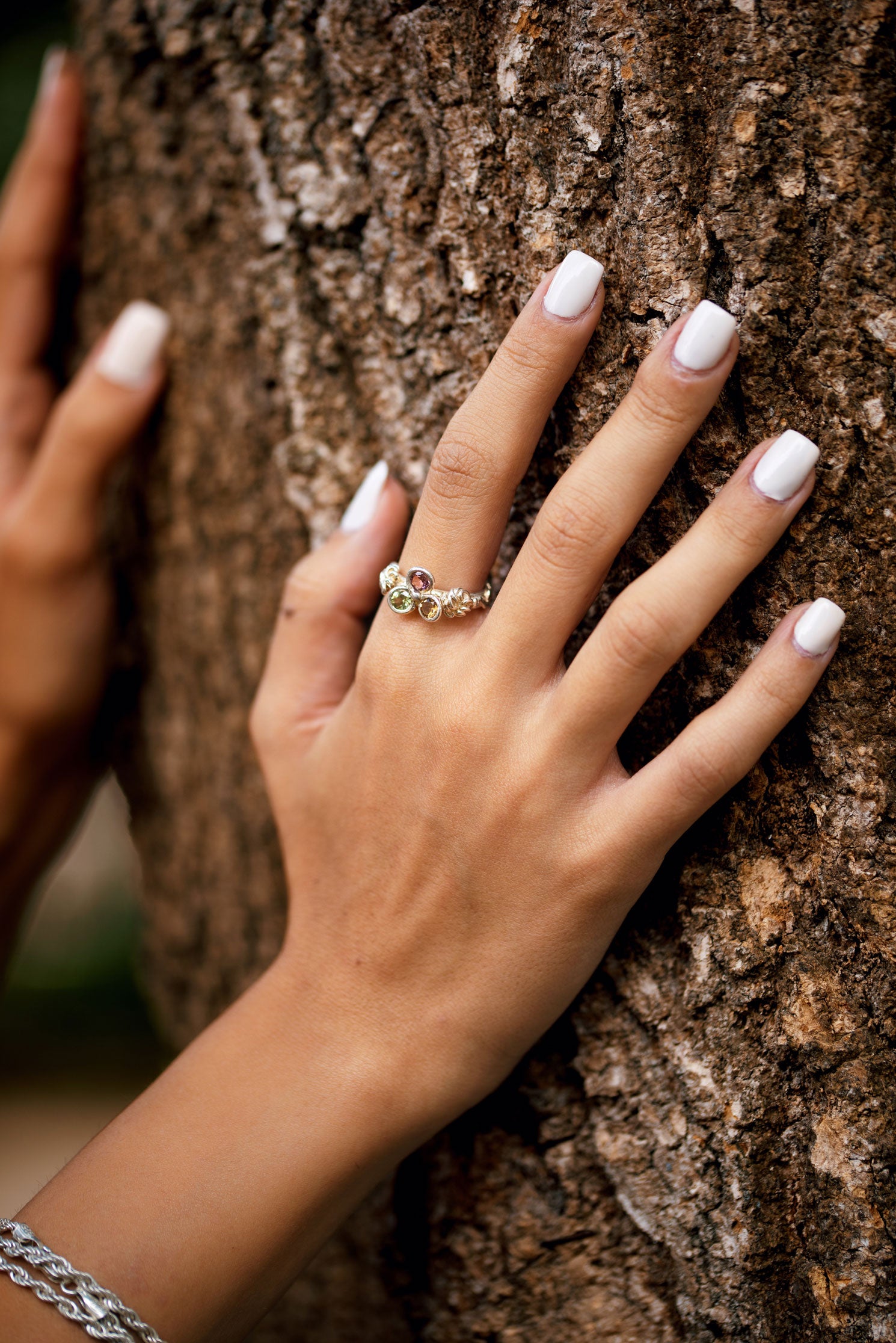 üç renk turmalin taşlı gümüş çiçek yüzük - apere image 2