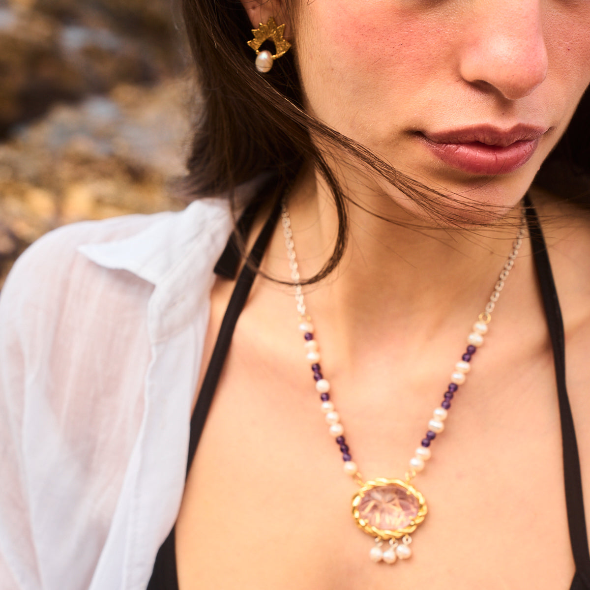 inci ve ametist taşlı gümüş ve altın kaplama kolye - denizin sırrı image 4