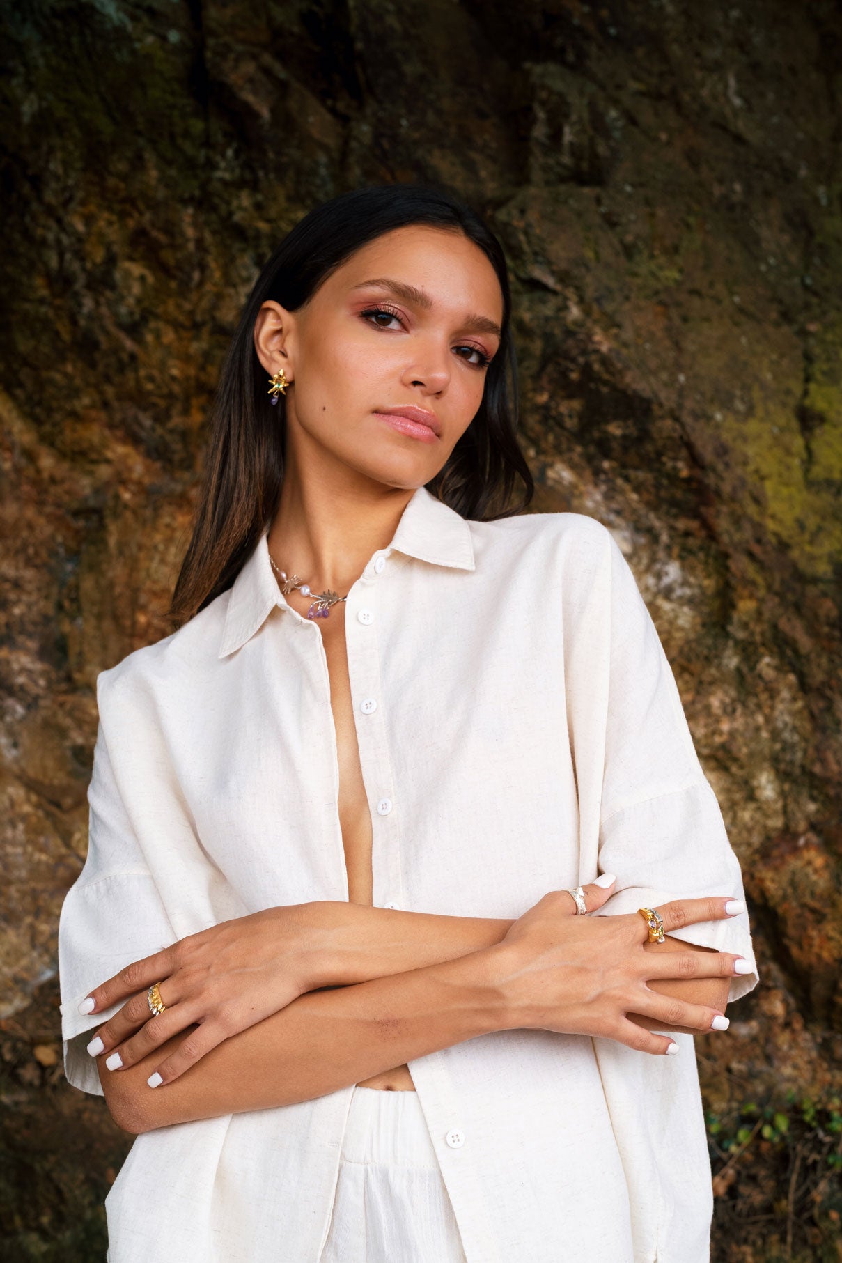 turmalin yakut zümrüt ametist taşlı gümüş üzerine altın küpe - lascivia image 3